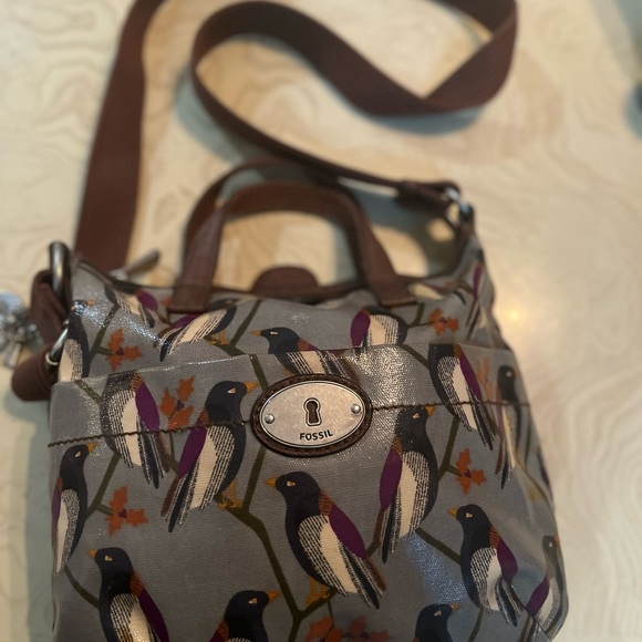 Fossil Brown and Gray Bird Pattern Crossbody Bag - Picture 1 of 3